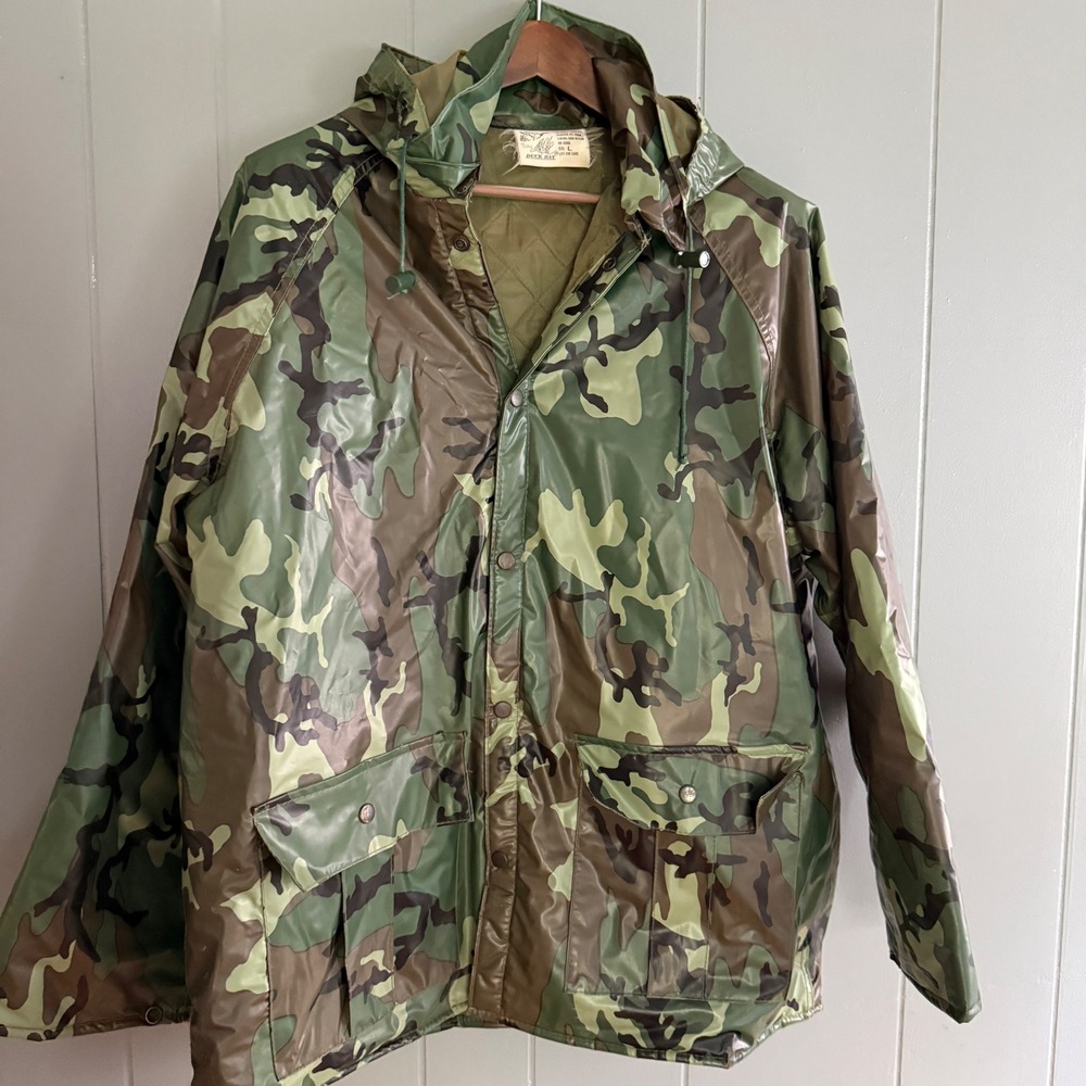 Vintage‎ Duck Bay Mens Camo Hooded Rain Jacket L PVC Waterproof Quilted Woodland